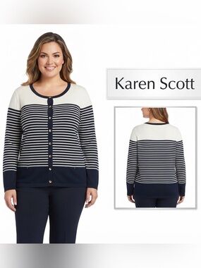 Karen Scott Petite Stripe Button Up Cardigan NWT XLP